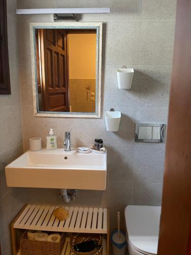 a bathroom with a sink and a mirror and a toilet at Teresa's Home in Líndos