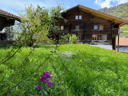 a log house with a field of grass and flowers at 5 Bedrooms Chalet Brünig in Meiringen