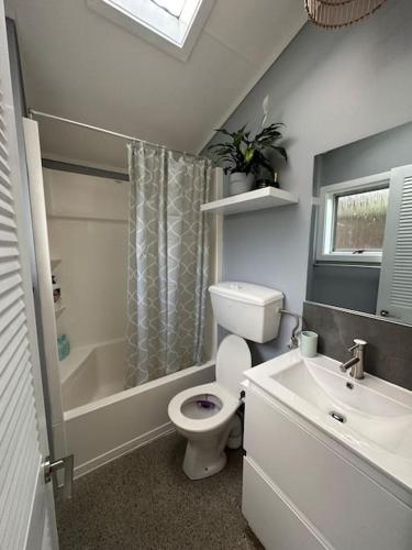 ein weißes Bad mit einem WC und einem Waschbecken in der Unterkunft Cosy Coastal Villa in Lyall Bay in Wellington