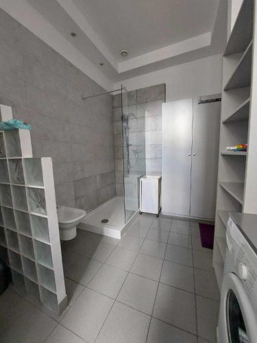 a bathroom with a shower and a toilet and a sink at Piotrkowska Off Family Apart in Łódź