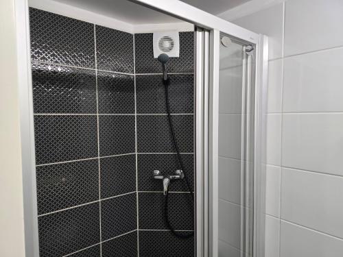a bathroom with a shower with black tiles at Loft Apartment in Klaipėda