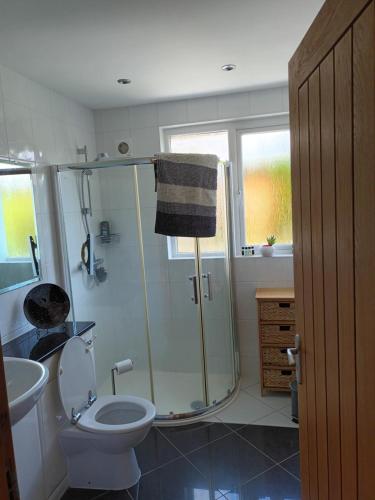 une salle de bains avec douche, toilettes et lavabo dans l'établissement Fell View House, à Kendal