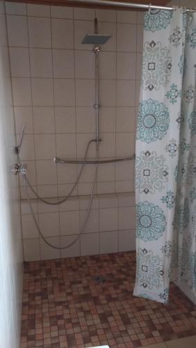 La salle de bains est pourvue d'une douche avec rideau de douche. dans l'établissement Ferienwohnung Hentzschel, à Brand-Erbisdorf
