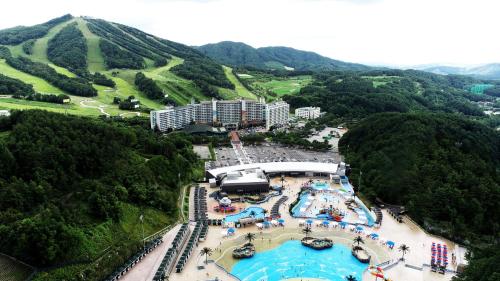 an aerial view of a resort in the mountains at Wellihilli Park Resort in Hoengsong