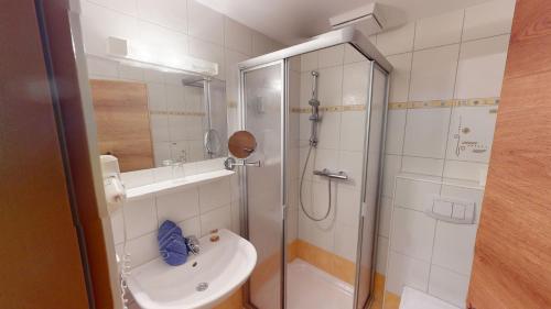 uma casa de banho com um chuveiro, um lavatório e um WC. em Berghotel Presslauer em Jenig