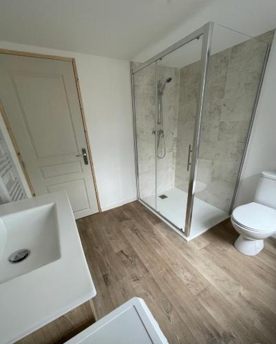 a white bathroom with a shower and a toilet at Le Chalet de L'Orée du Morvan in Montberthault