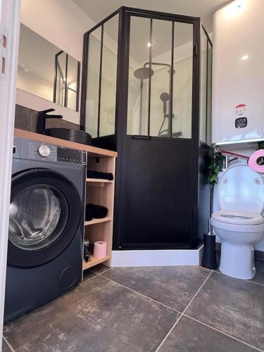 une salle de bain avec machine à laver et toilettes dans l'établissement Studio Berck , proche plage , phare , centre ville, à Berck-sur-Mer