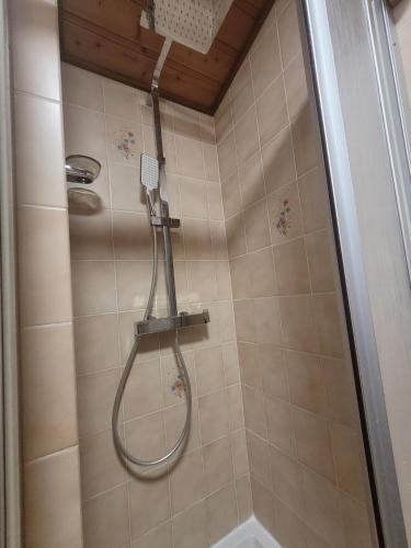 une douche avec pommeau de douche dans une salle de bain dans l'établissement Chalet familial authentique et spacieux 2 chambres 4 à 6 personnes avec parking proche des remontées, à La Chapelle-dʼAbondance