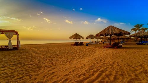 a beach with umbrellas and chairs and the ocean at Kefi Palmera Beach Resort El Sokhna - Family Only in Ain Sokhna