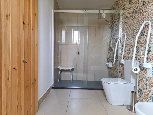 a bathroom with a shower and a toilet and a sink at Vale dos Ilhéus in Machico