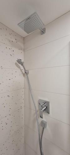 une douche avec pommeau de douche dans une salle de bain dans l'établissement Appartement avec jardin, à Saint-Malo