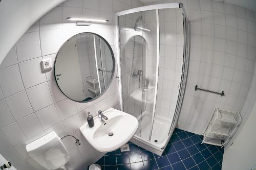 a bathroom with a sink and a shower with a mirror at River House Radolca in Radovljica