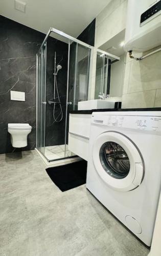 une machine à laver dans une salle de bain avec douche dans l'établissement Le Patio - Maison avec Jardin - WIFI, à Bègles