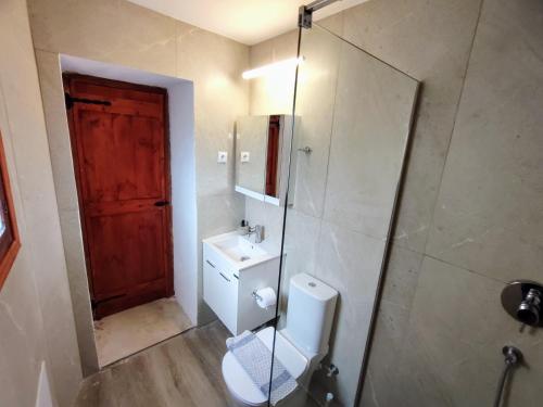 a bathroom with a toilet and a sink and a mirror at Elounda Traditional Homes of Crete in Elounda