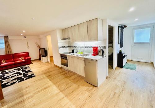 Il dispose d'une cuisine ouverte et d'un salon avec un canapé rouge. dans l'établissement Red Rose of Summer-Garden Flat 60m2-Geneva & Lake & Mountains-Wilena Home,Full Love, à Chens-sur-Léman