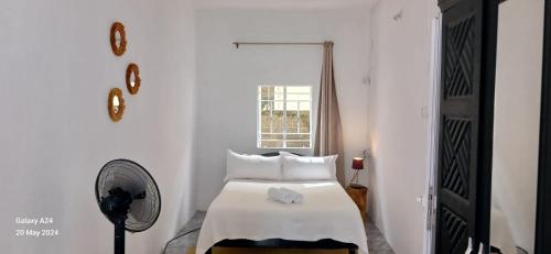 a bedroom with a bed and a fan and a window at The Tiny House in Rivière Noire