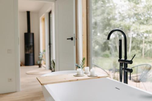 a kitchen with a sink and a faucet at Ezernams SPA in Kaukuri