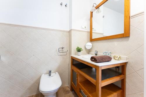 La salle de bains est pourvue de toilettes, d'un lavabo et d'un miroir. dans l'établissement MalagaSuite Malagueta Beach & Sun, à Malaga