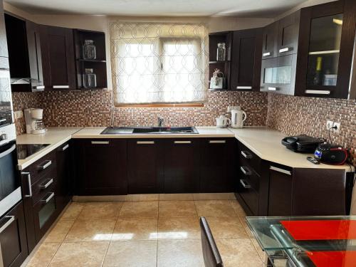 una cucina con armadi marroni scuri e lavandino di Villa Theodora Skiathos a Città di Skiathos