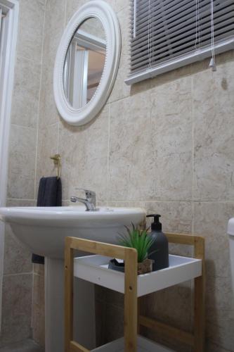 a bathroom with a sink and a mirror at Helpmekaar in Wellington