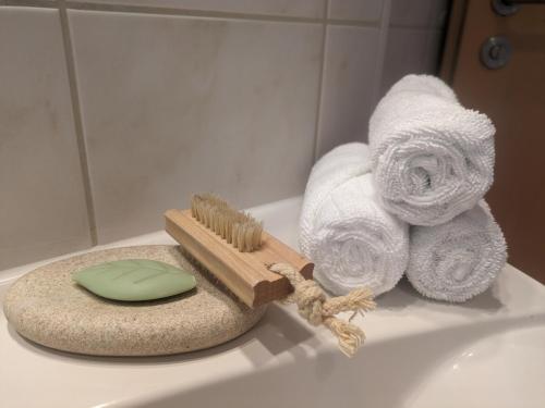 a brush and towels sitting on a bathroom sink at Ferienwohnung Elisabeth in Bischofswiesen