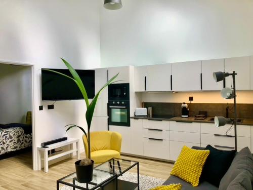 un salon avec un canapé et une cuisine dans l'établissement Loft d'Architecte - Chic et Moderne, à Nantes