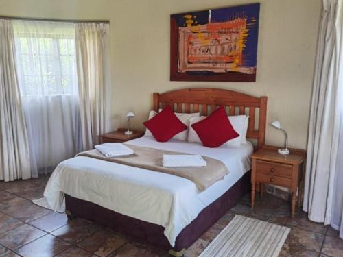 Johannesburg Airport Hostel في بينوني: غرفة نوم بسرير كبير ومخدات حمراء