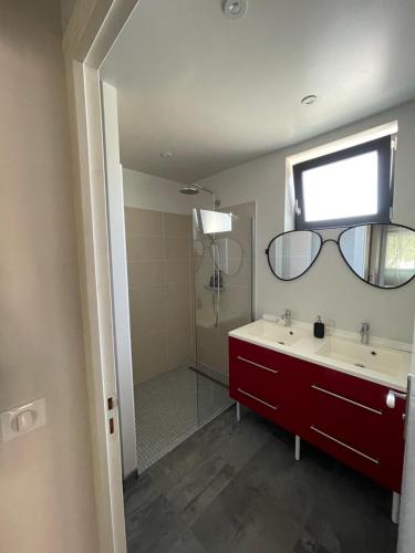 a bathroom with a sink and a mirror and a shower at Apartment 1 confort&modern in Arad