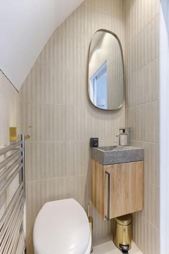 une salle de bain avec toilettes et miroir dans l'établissement Cosy Studio Théodore Rousseau II, à Paris