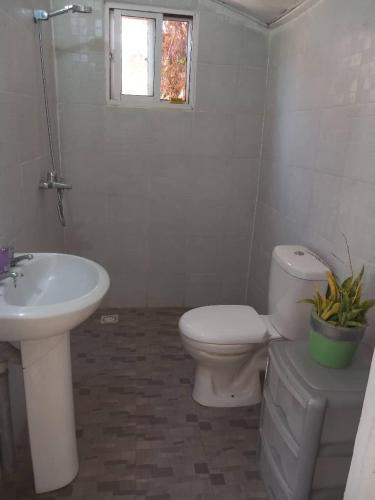 a white bathroom with a toilet and a sink at Arijaana Guesthouse in Gunjur