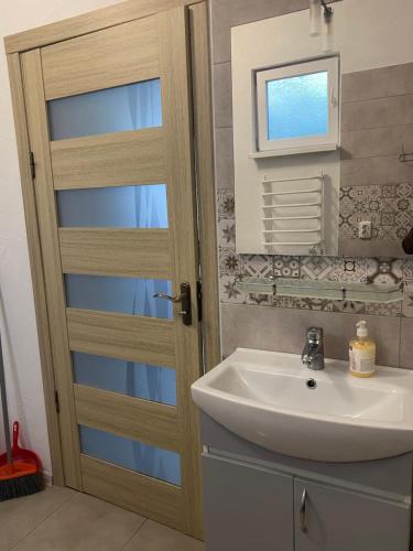 uma casa de banho com um lavatório e um espelho em Будинок для відпочинку Dana em Berehove