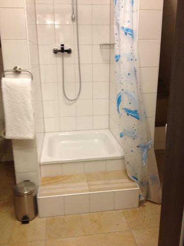a bathroom with a tub and a shower with a shower curtain at Old Town Guesthouse Erlangen in Erlangen