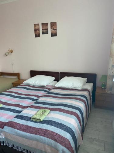 a bed with a striped blanket and a book on it at Будинок для відпочинку Dana in Berehove