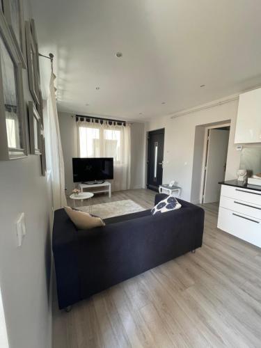 a living room with a black couch and a kitchen at Apartment 1 confort&modern in Arad