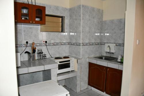 una pequeña cocina con fregadero y microondas en YWCA Parkview Suites, en Nairobi