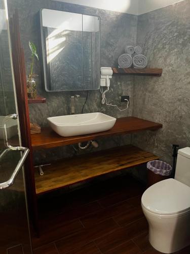 a bathroom with a sink and a toilet and a mirror at Koh Tao studios in Koh Tao
