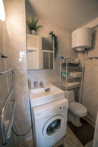 a bathroom with a washing machine and a sink at Unique place by the beach in Klaipėda