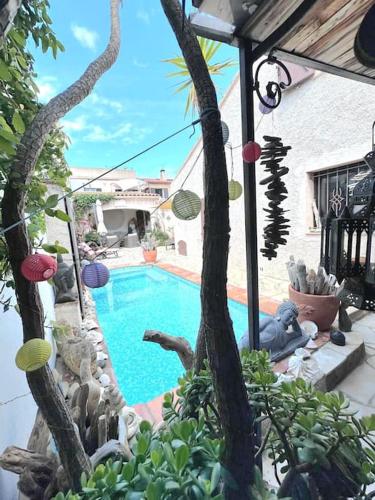 - une piscine dans une cour ornée d'arbres et de plantes dans l'établissement Cosy Casa, à Saint-Aygulf