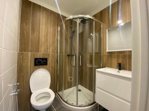 une salle de bain avec une douche avec des toilettes et un lavabo dans l'établissement Le Cedre Bleu, à Nice