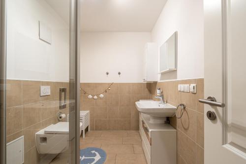 ein Badezimmer mit Waschbecken, Toilette und Dusche in der Unterkunft Sellinkoje in Residenz Waldidyll in Ostseebad Sellin