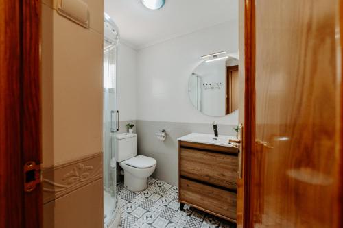 een badkamer met een toilet, een wastafel en een spiegel bij Apartamento Juzgados in Logroño