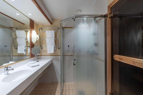 La salle de bains est pourvue d'un lavabo et d'une douche. dans l'établissement Scandic Rukahovi, à Ruka