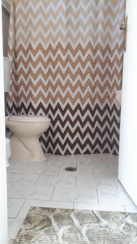 ein Badezimmer mit einem Duschvorhang im Chevron-Muster und einer Toilette in der Unterkunft Manolis Studios in Kefalos