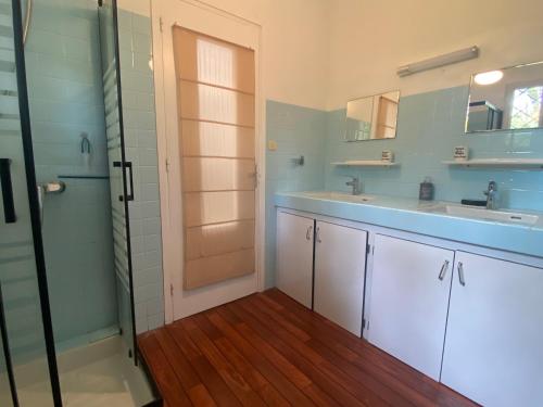 une salle de bain avec un lavabo, un miroir et une douche dans l'établissement Villa landaise proche lac d’Hossegor et océan, à Soorts-Hossegor