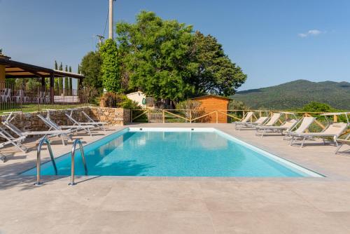 a swimming pool with lounge chairs and a poolvisorvisor at Villanovia Country House in Volterra