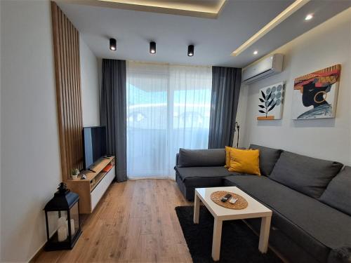 un soggiorno con divano e tavolo di Apartman 64 Lux a Veliko Gradište