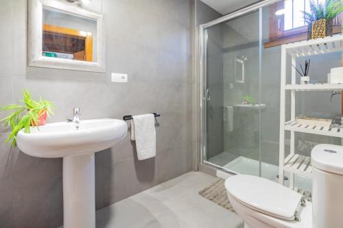 een badkamer met een toilet, een wastafel en een douche bij Markiola in Villamayor de Monjardín