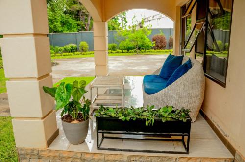 a porch with a chair and a table and plants at The47 Cozy Cottage in Lilongwe
