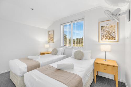 two beds in a room with a window at Madigan Cottages - Settlers Cottage in Lovedale
