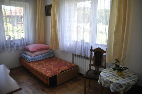 Bartkowa-Posadowa的住宿－Pokoje nad jeziorem - U Joanny，窗户客房内的小床
